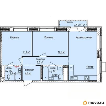 2-комн. квартира, 63.4 м&sup2;