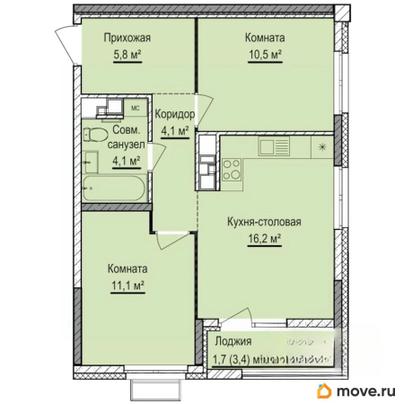 2-комн. квартира, 53.5 м&sup2;