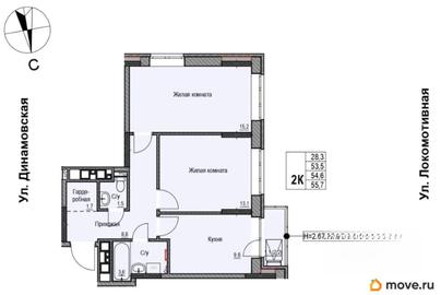 2-комн. квартира, 54.6 м&sup2;