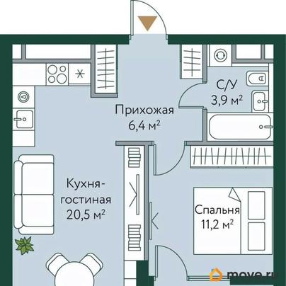 1-комн. квартира, 44.4 м&sup2;