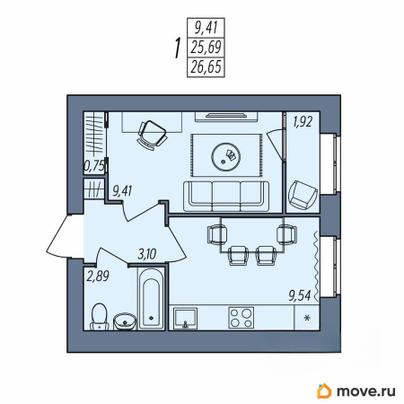 1-комн. квартира, 26.65 м&sup2;