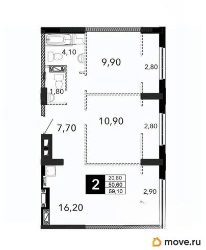 2-комн. квартира, 59.1 м&sup2;