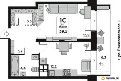 1-комн. квартира, 39.5 м&sup2;