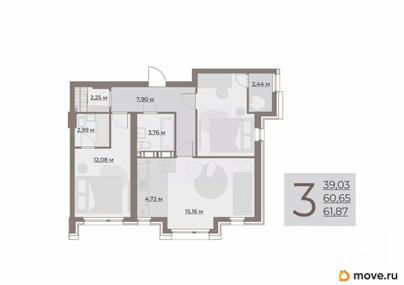 3-комн. квартира, 63.09 м&sup2;