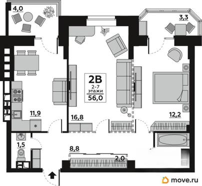 2-комн. квартира, 56 м&sup2;
