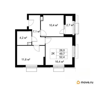 2-комн. квартира, 52.4 м&sup2;