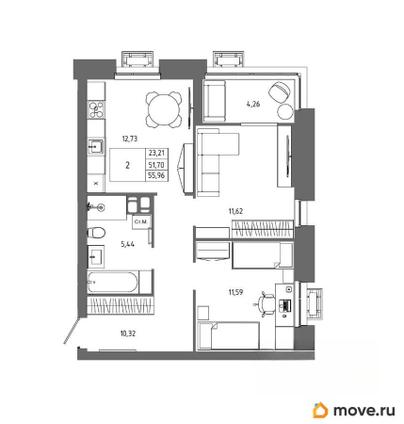 2-комн. квартира, 55.96 м&sup2;