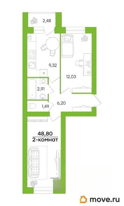 2-комн. квартира, 48.8 м&sup2;