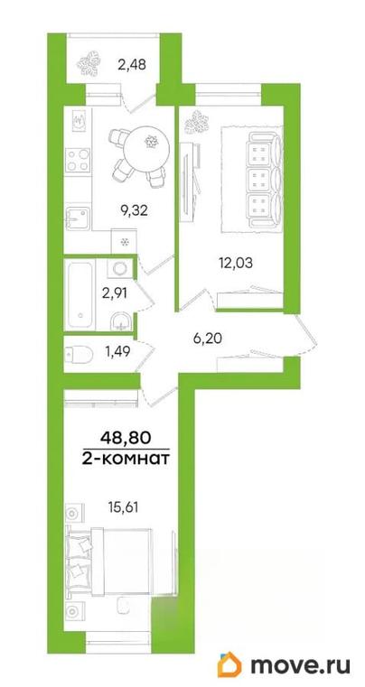 2-комн. квартира, 48.8 м&sup2;
