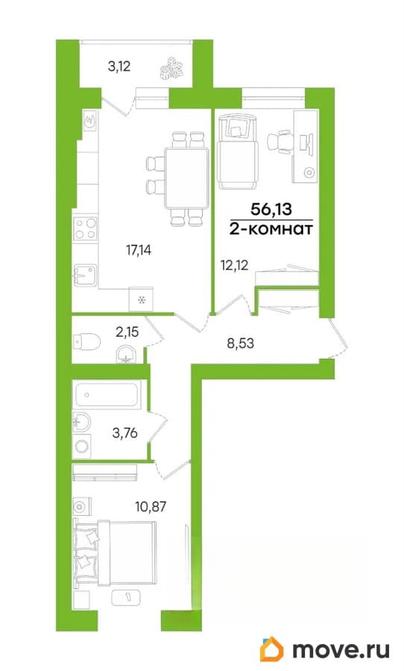 2-комн. квартира, 56.13 м&sup2;