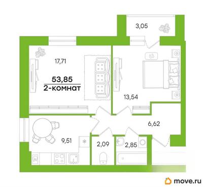 2-комн. квартира, 53.85 м&sup2;