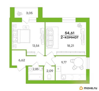 2-комн. квартира, 54.61 м&sup2;