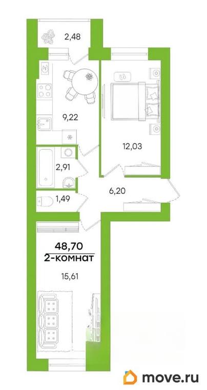 2-комн. квартира, 48.7 м&sup2;
