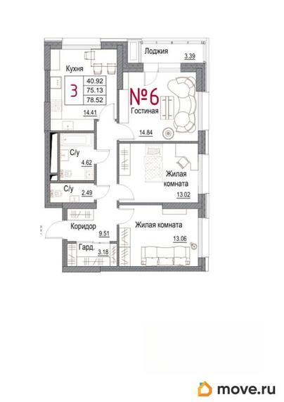3-комн. квартира, 78.4 м&sup2;
