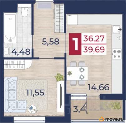 1-комн. квартира, 36.27 м&sup2;