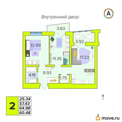 2-комн. квартира, 60.48 м&sup2;