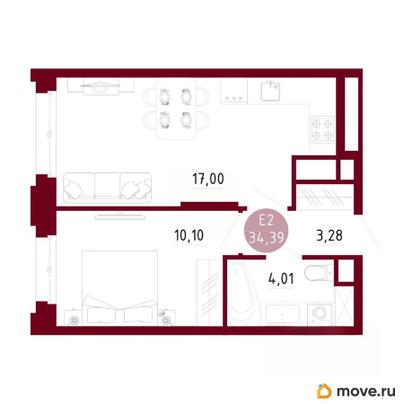 1-комн. квартира, 34.39 м&sup2;
