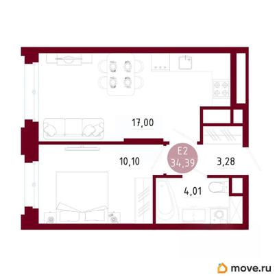 1-комн. квартира, 34.39 м&sup2;
