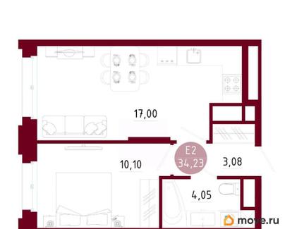 1-комн. квартира, 34.23 м&sup2;