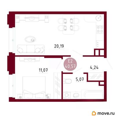 1-комн. квартира, 40.57 м&sup2;