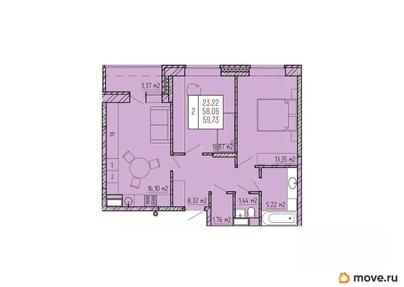 2-комн. квартира, 59.73 м&sup2;