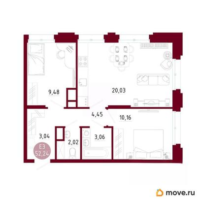 2-комн. квартира, 52.24 м&sup2;