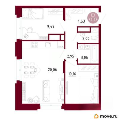 2-комн. квартира, 52.25 м&sup2;