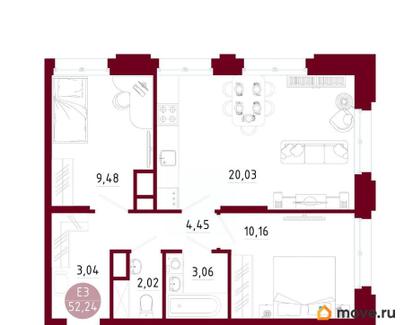 2-комн. квартира, 52.24 м&sup2;