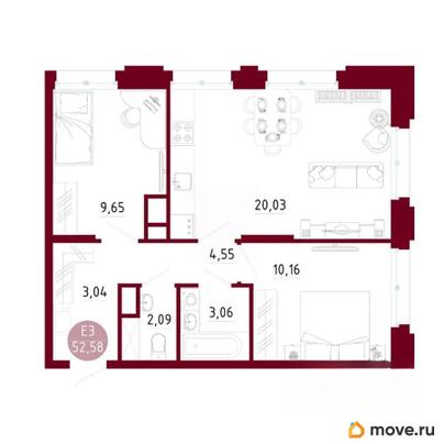 2-комн. квартира, 52.58 м&sup2;