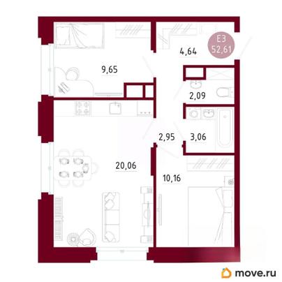 2-комн. квартира, 52.61 м&sup2;
