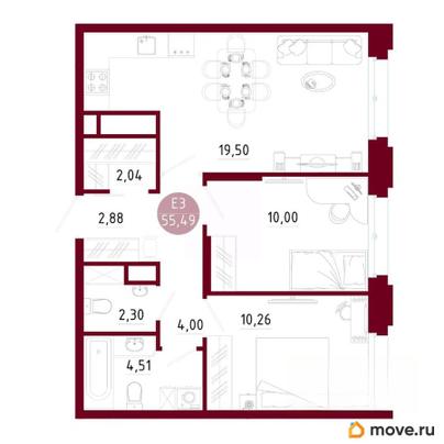 2-комн. квартира, 55.49 м&sup2;