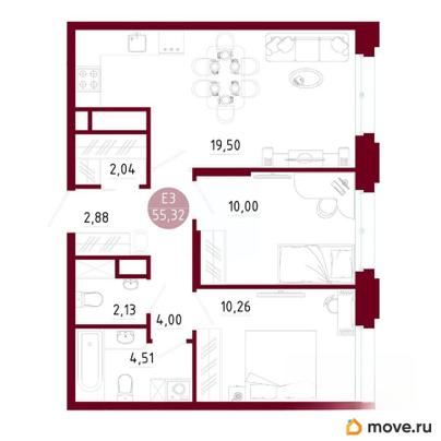 2-комн. квартира, 55.32 м&sup2;