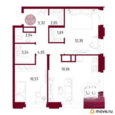 2-комн. квартира, 57.32 м&sup2;