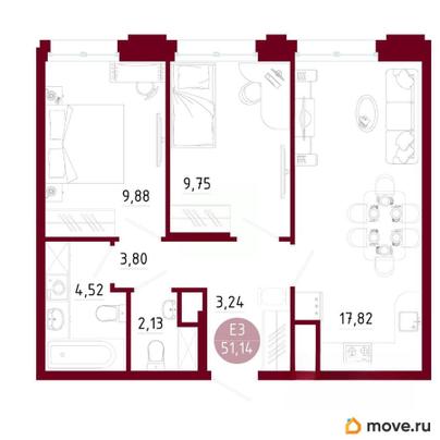 2-комн. квартира, 51.14 м&sup2;