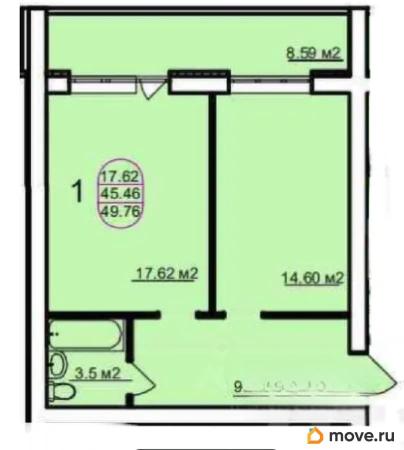 1-комн. квартира, 49.5 м&sup2;