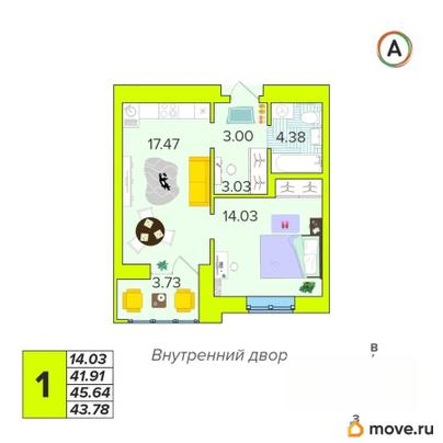 1-комн. квартира, 43.78 м&sup2;