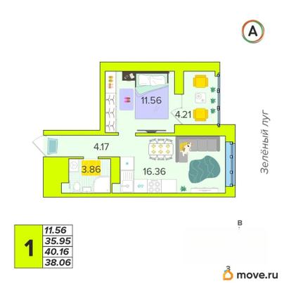 1-комн. квартира, 38.06 м&sup2;