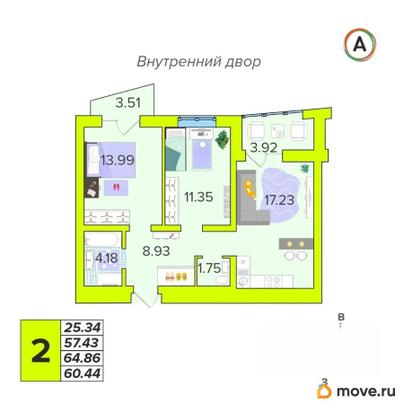 2-комн. квартира, 60.44 м&sup2;