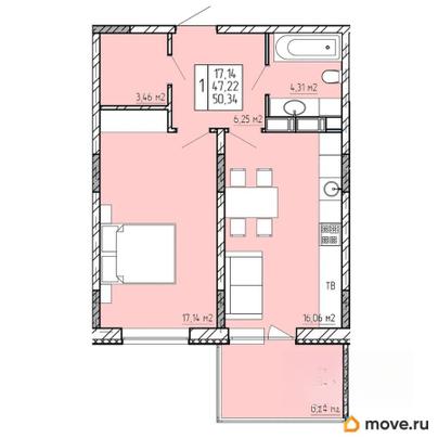 1-комн. квартира, 50.34 м&sup2;
