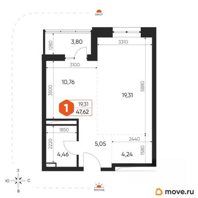 1-комн. квартира, 47.4 м&sup2;