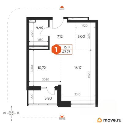1-комн. квартира, 47.6 м&sup2;