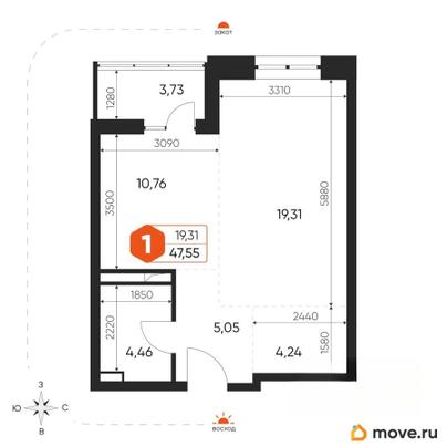 1-комн. квартира, 47.8 м&sup2;