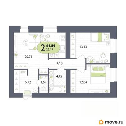 2-комн. квартира, 61.84 м&sup2;