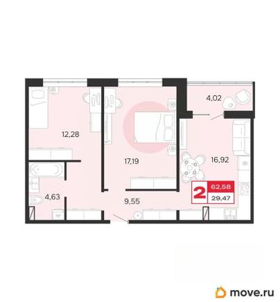 2-комн. квартира, 62.58 м&sup2;