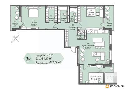 3-комн. квартира, 132.04 м&sup2;
