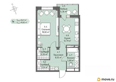 1-комн. квартира, 54.72 м&sup2;