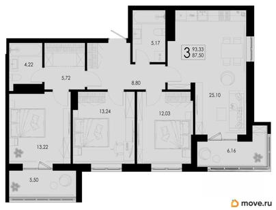 3-комн. квартира, 93.33 м&sup2;