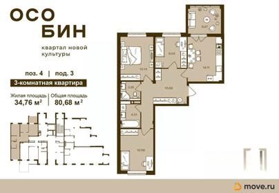 3-комн. квартира, 80.68 м&sup2;