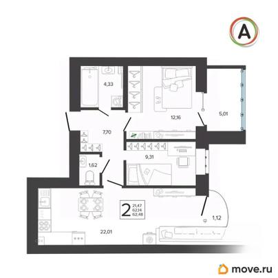 2-комн. квартира, 62.5 м&sup2;