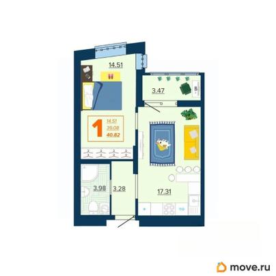 1-комн. квартира, 40.82 м&sup2;